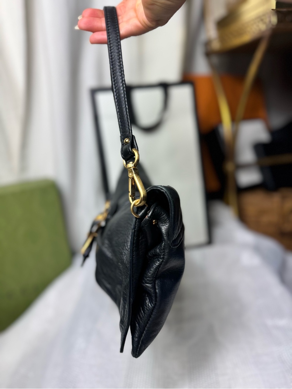 Vintage Y2K 90s Black Leather Shoulder Bag with Gold … - Gem